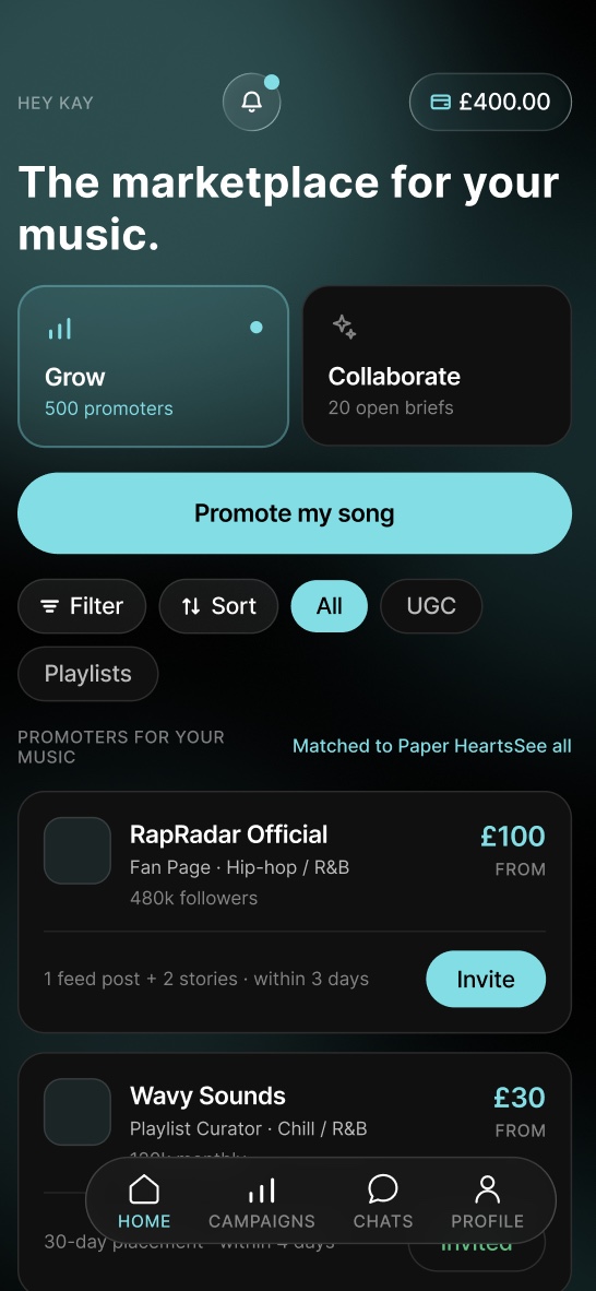 Lyrically app home: The marketplace for your music, with Grow, Collaborate and Promote my song
