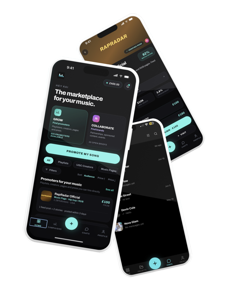 Lyrically app screens: The marketplace for your music, with Grow and Collaborate