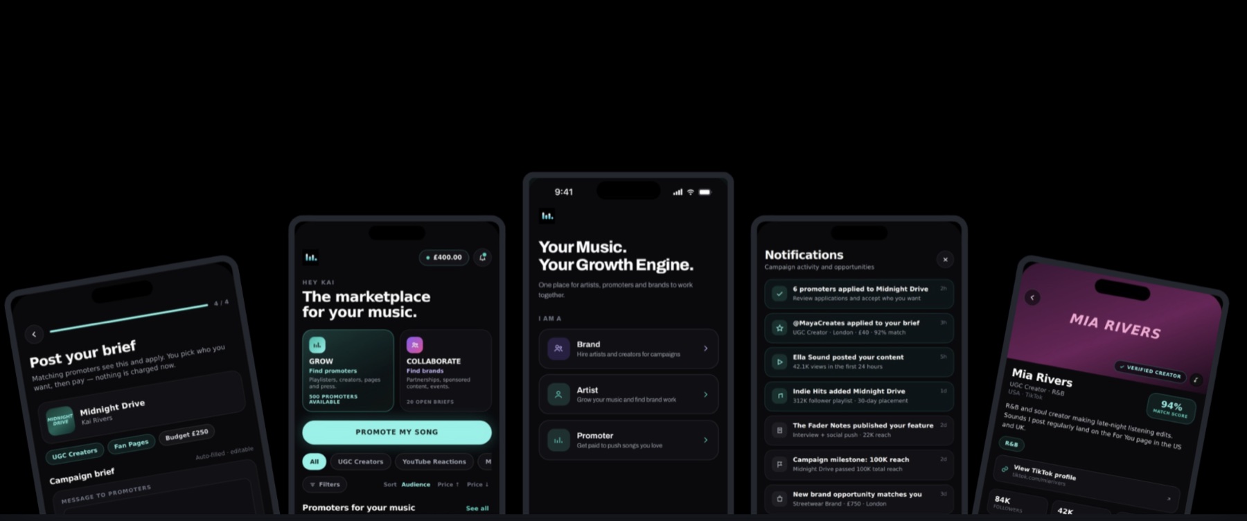 Lyrically screens: post your brief, marketplace, growth engine, notifications